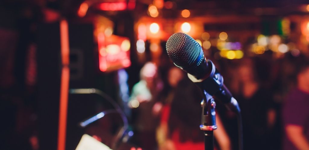 Microphone. Microphone close-up. A pub. Bar. A restaurant.