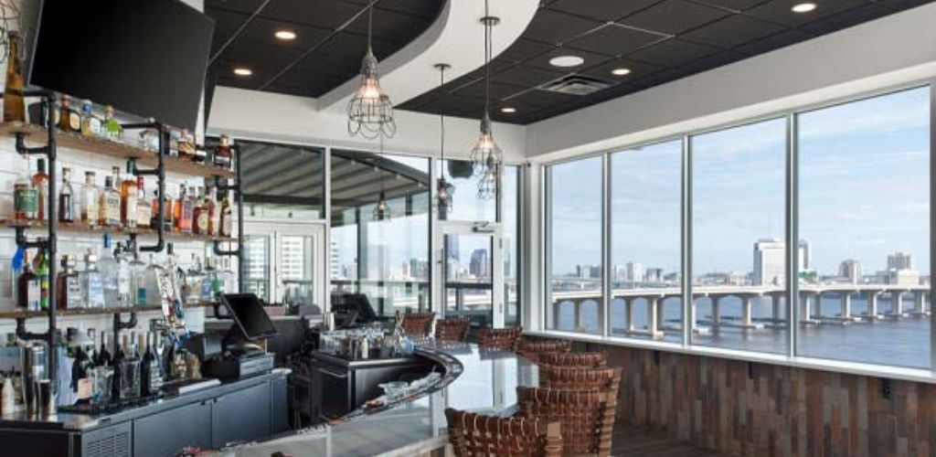 A bar counter with a view of the river 