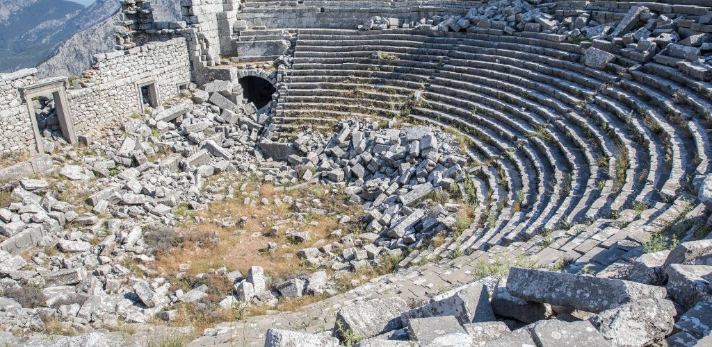 Solymos mountains and the ancient city of Termessos Theater in Antalya, Turkey. 