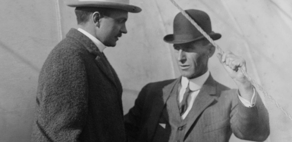 Allen Ryan and Wilbur Wright in discussion, c. 1909-1912. Ryan was chairman of the Committee for the GREAT AERIAL TOURNAMENT at Belmont Park, in Oct. 1910 (BSLOC_2018_2_156)