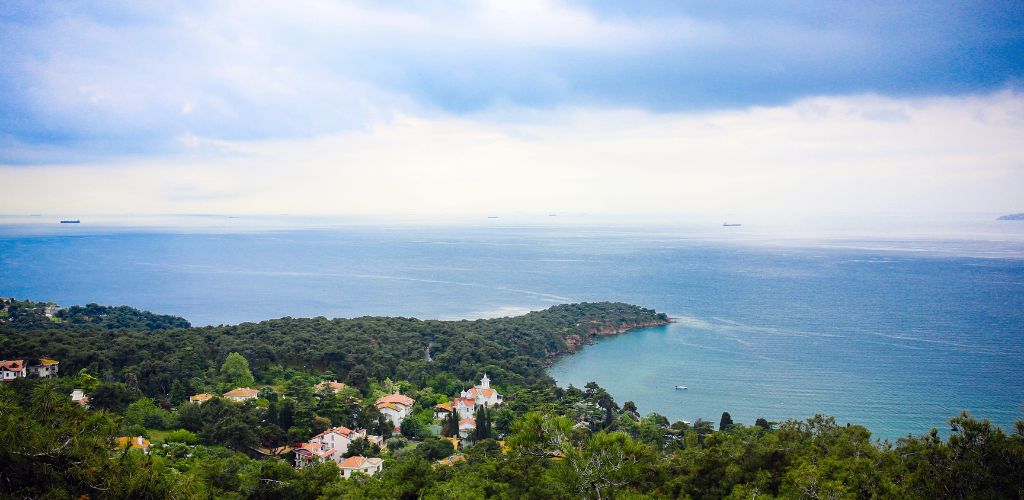 View over istanbul and buyukada island taken from the monastery of saint george on the top of buyukada island - part of princes islands - in turkey.