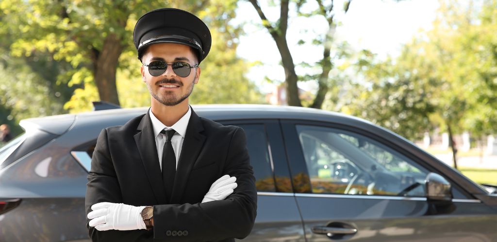 Young Handsome Driver Standing near Luxury Car. Chauffeur Service 