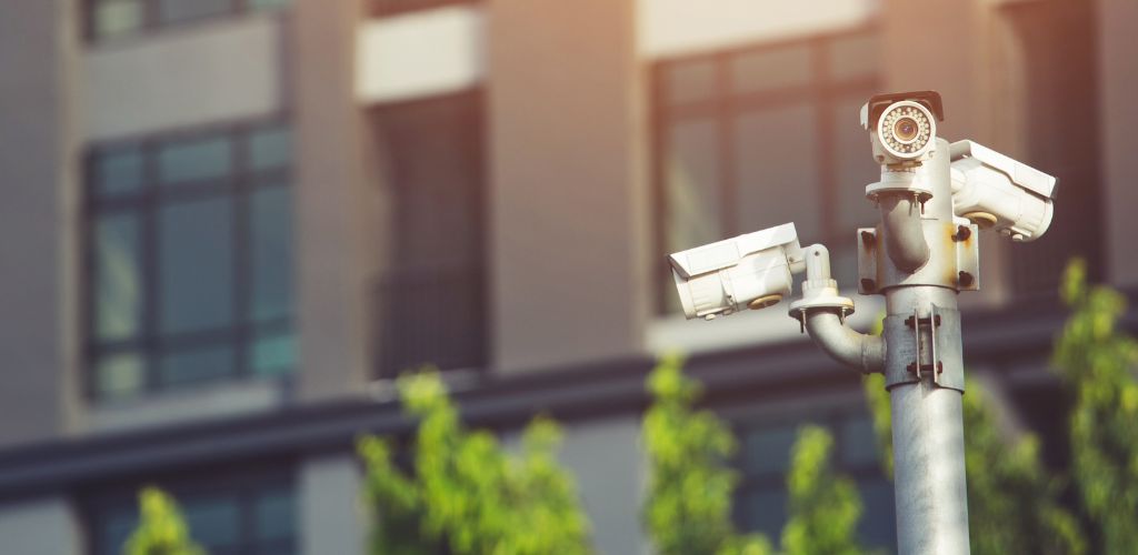 Close-up Multi-angle CCTV cameras are installed on the street. 