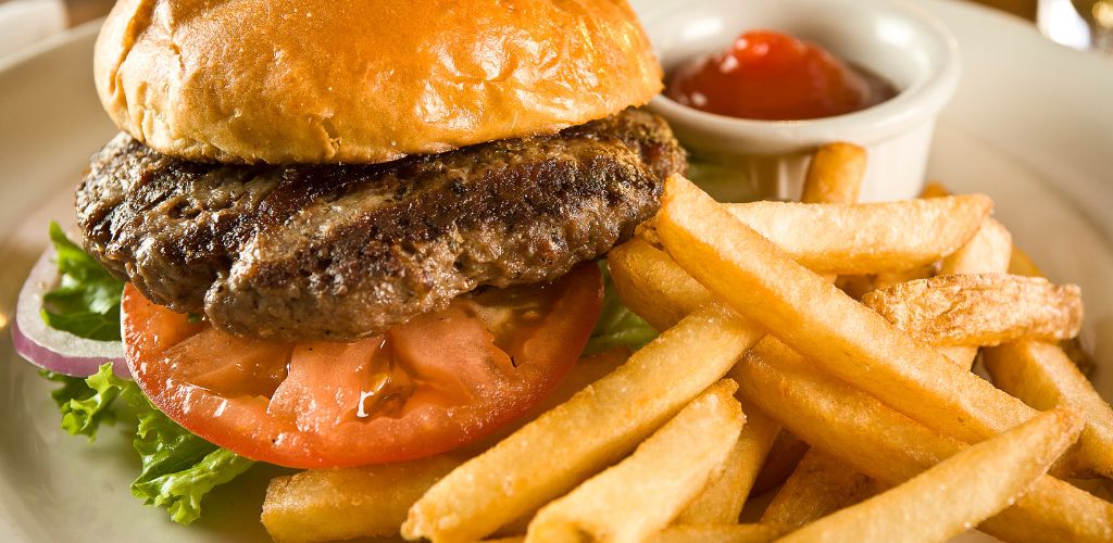 Hamburger with tomato, lettuce, and onion on a bun with french fries and ketchup all lit goldenly and nice. 