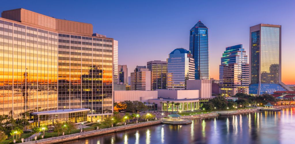 A city skyline under the sunset. 