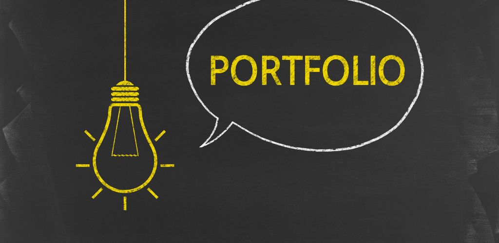 Portfolio - Business Chalkboard Background  with light bulb 