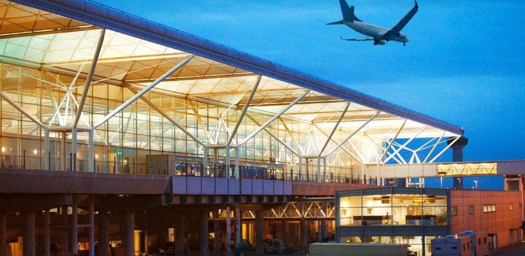 Stansted Airport, with an airplane at the top of the photograph. 
