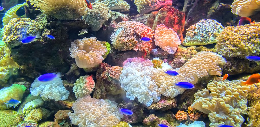 Pink and White Coral reefs with blue small fish swimming around.