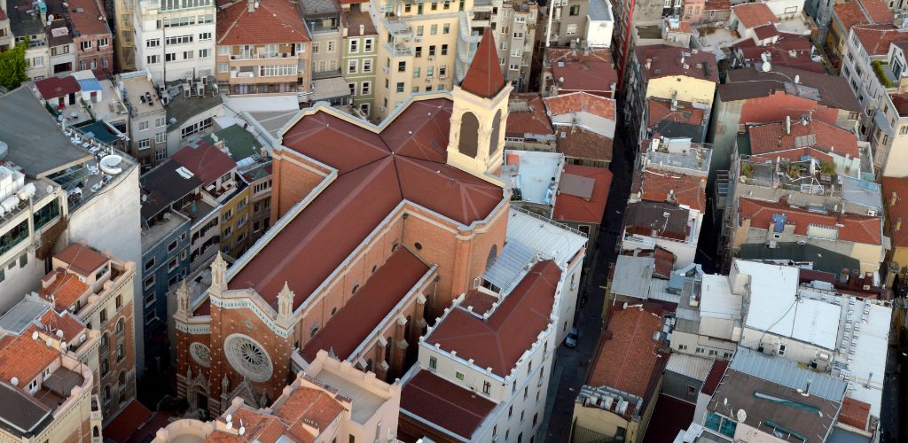 Aerial view of a church structured like a cross and surrounded by other structures. 